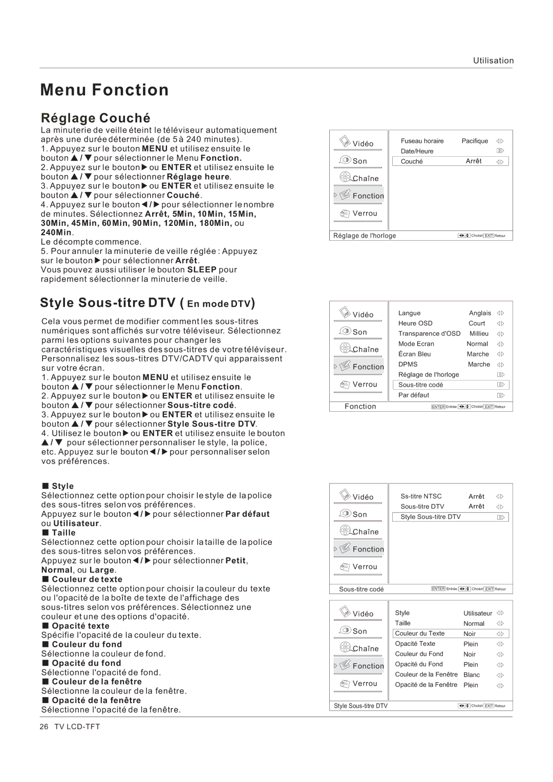 Hitachi HLC26R1 owner manual Style Sous-titre DTV En mode DTV 