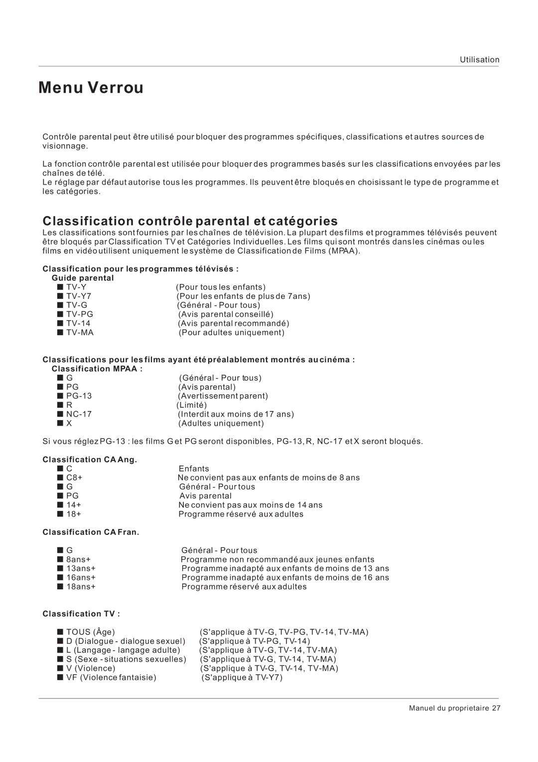 Hitachi HLC26R1 owner manual Menu Verrou, Classification contrôle parental et catégories 