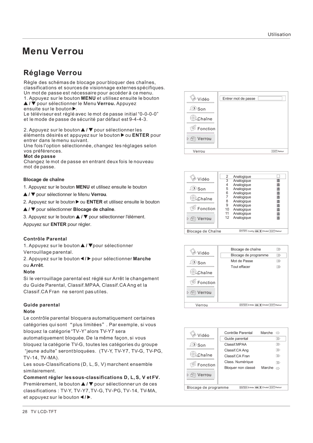 Hitachi HLC26R1 owner manual Réglage Verrou, Mot de passe, Blocage de chaîne, Contrôle Parental 