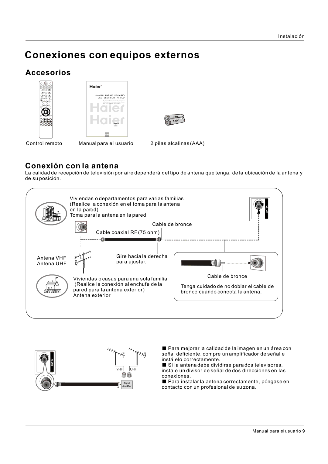 Hitachi HLC26R1 owner manual Conexiones con equipos externos, Accesorios, Conexión con la antena 