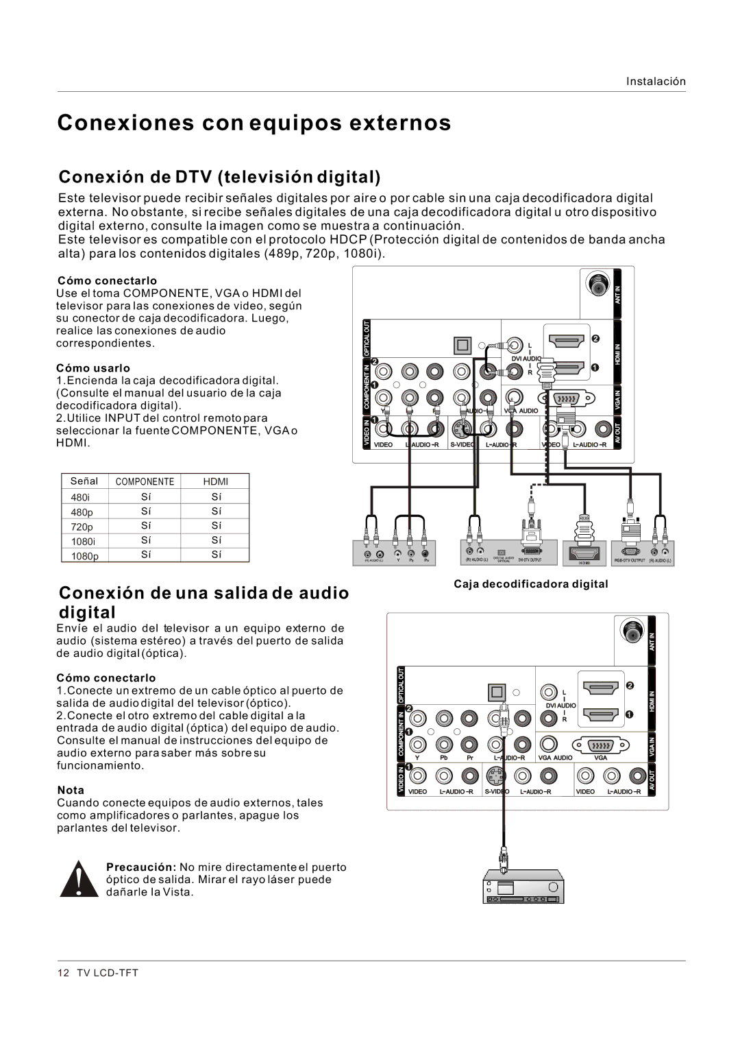 Hitachi HLC26R1 owner manual Conexión de DTV televisión digital, 480i 480p 720p 1080i 1080p 