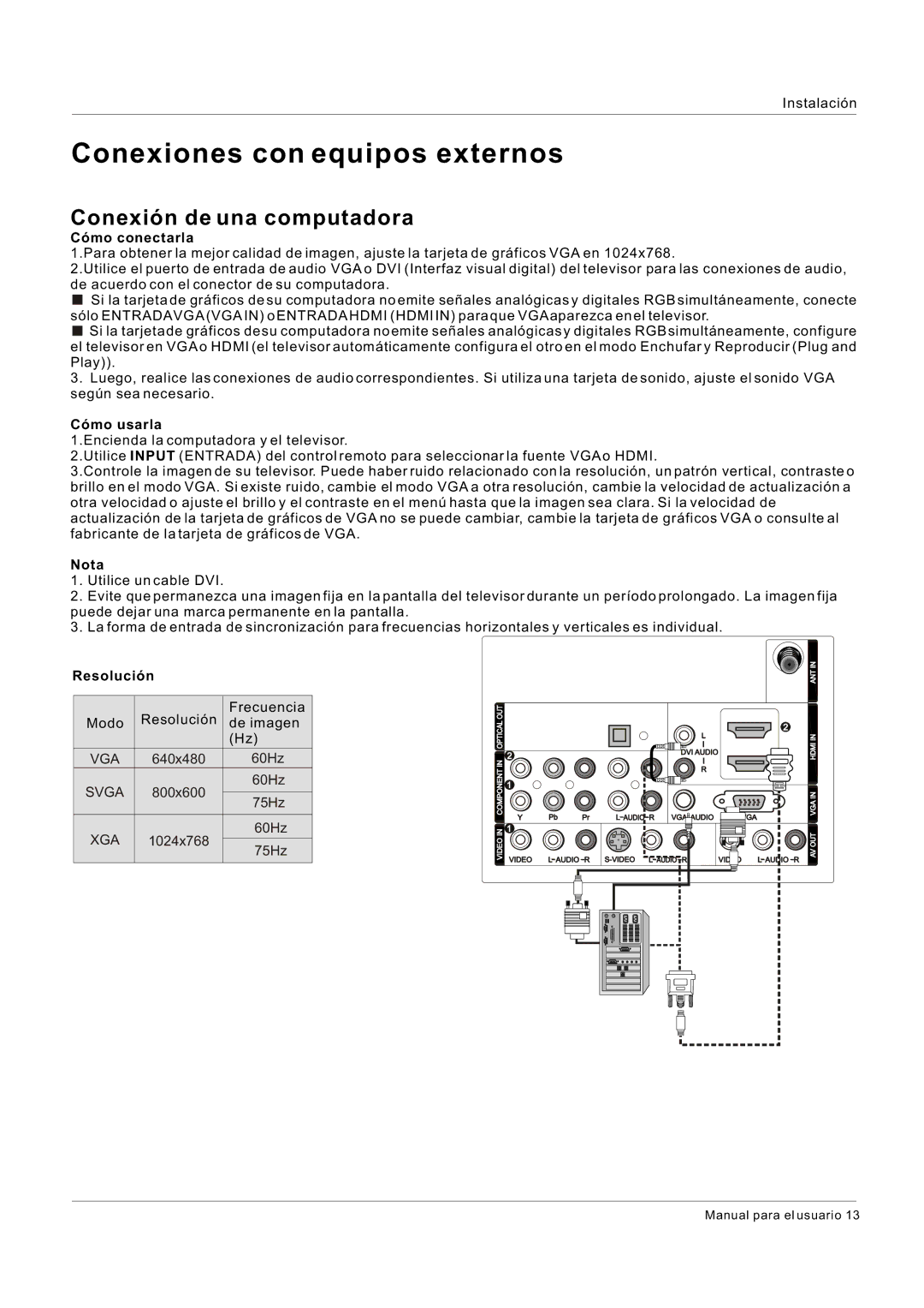 Hitachi HLC26R1 owner manual Conexión de una computadora, Cómo conectarla, Cómo usarla, Resolución 