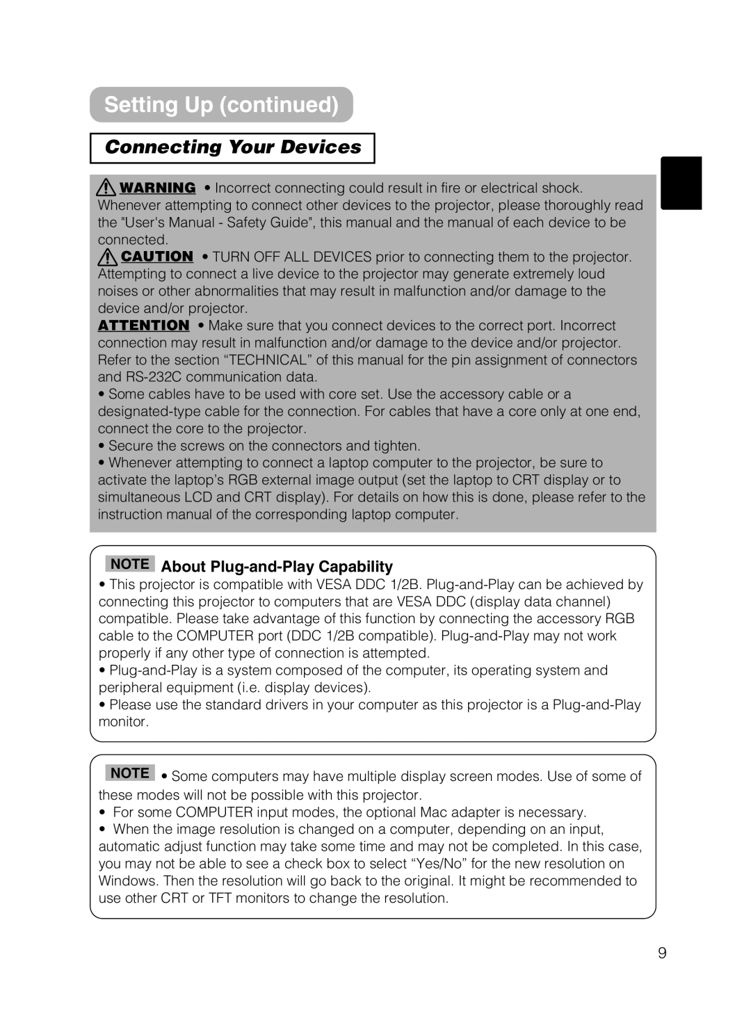 Hitachi HOME-1 user manual Connecting Your Devices, NOTE About Plug-and-Play Capability, Setting Up continued 