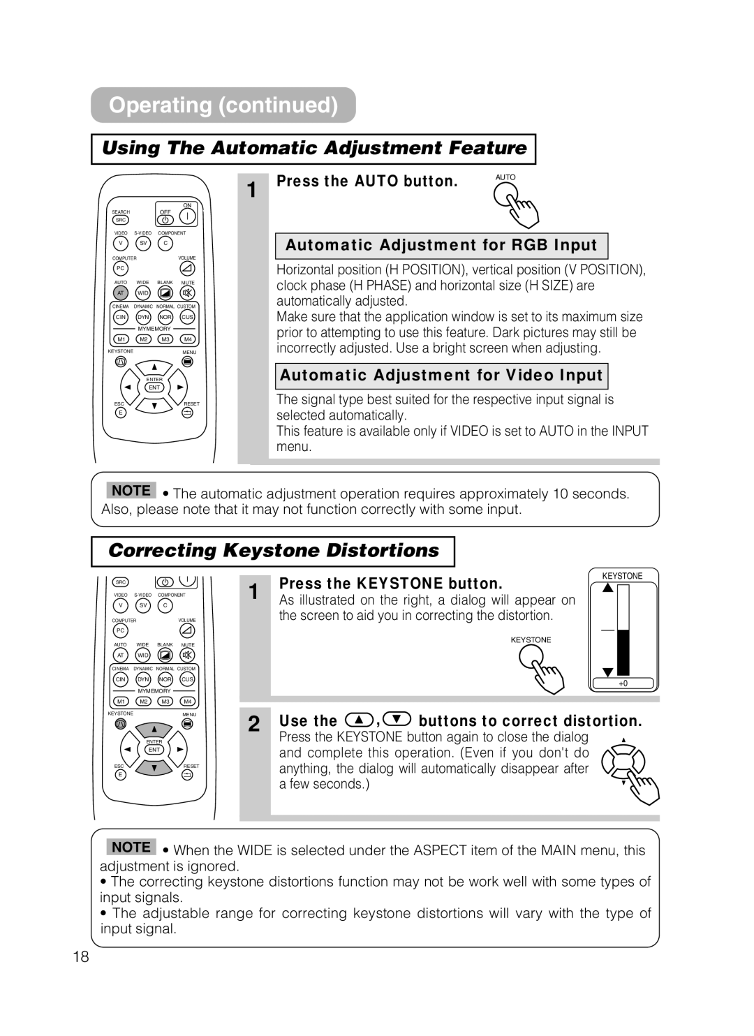 Hitachi HOME-1 user manual Using The Automatic Adjustment Feature, Correcting Keystone Distortions 