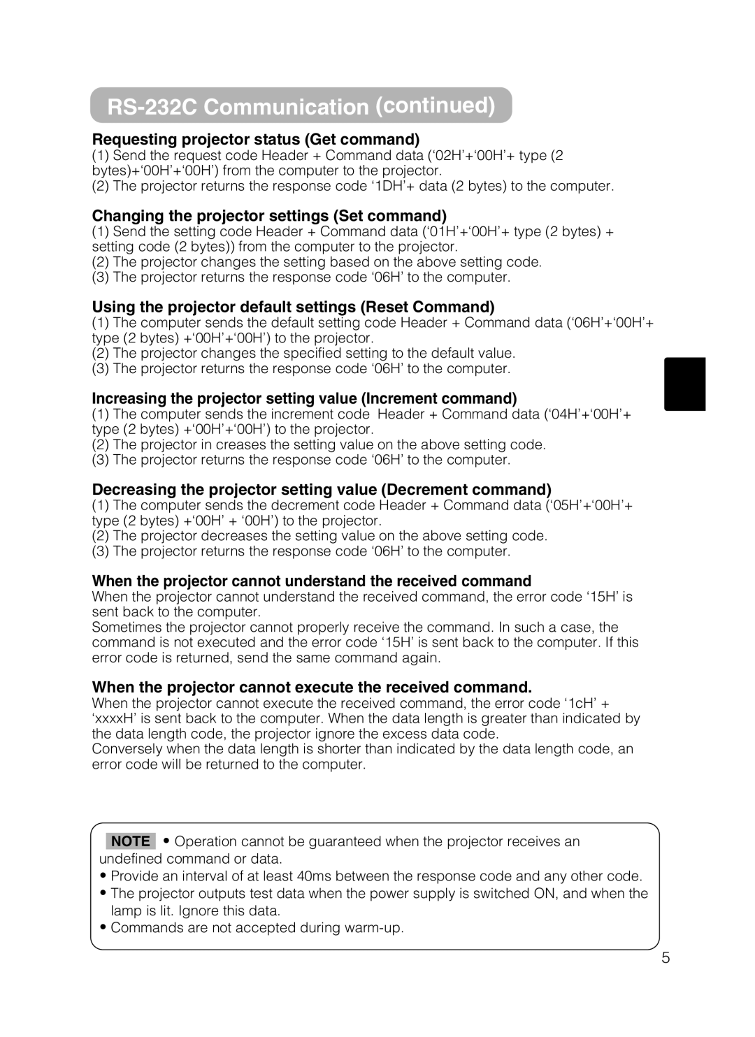 Hitachi HOME-1 user manual Requesting projector status Get command, Changing the projector settings Set command 