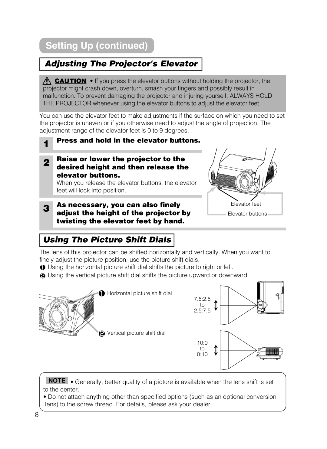 Hitachi HOME-1 Adjusting The Projectors Elevator, Using The Picture Shift Dials, As necessary, you can also finely 