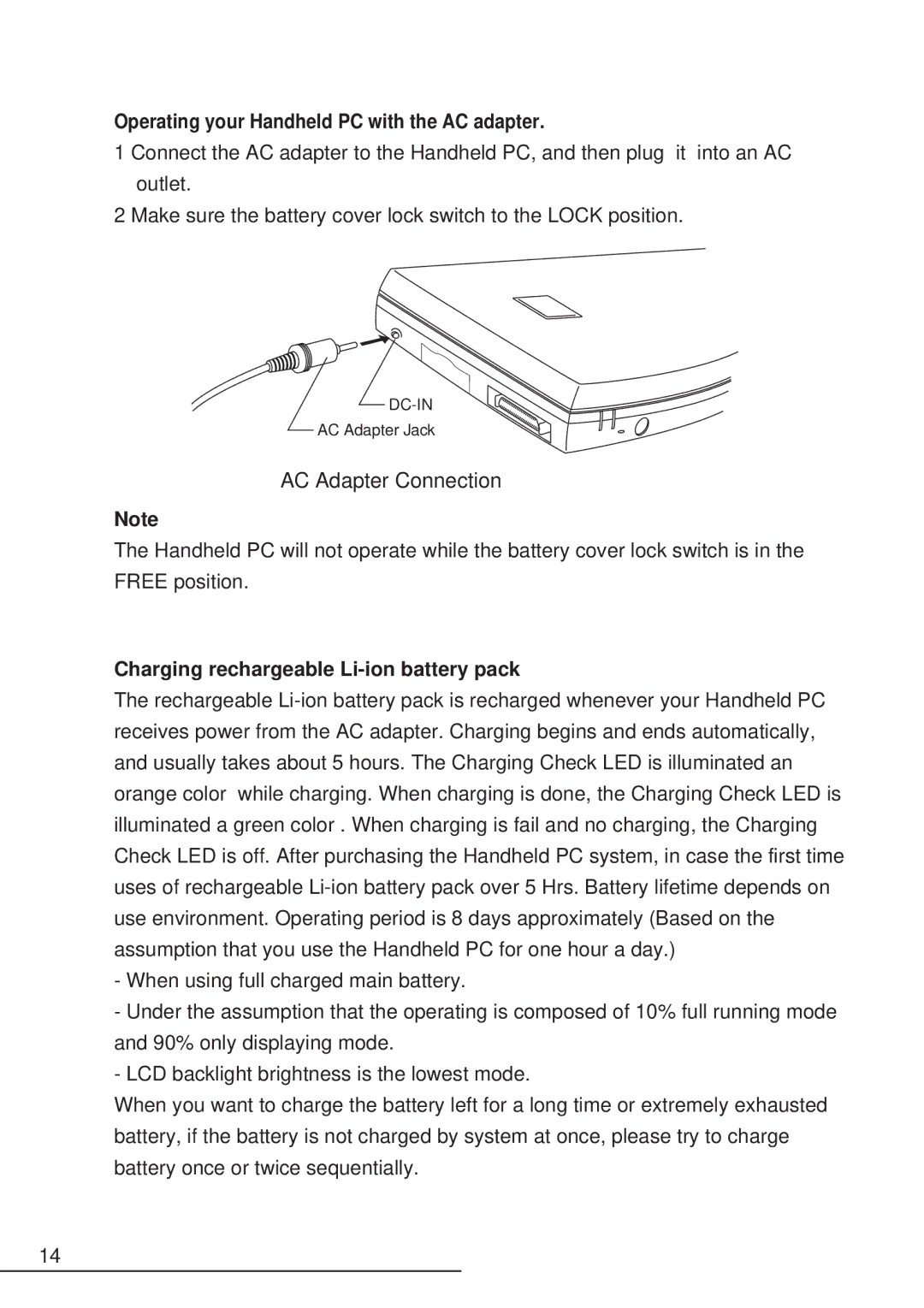 Hitachi HPW-200EC manual Operating your Handheld PC with the AC adapter, Charging rechargeable Li-ion battery pack 