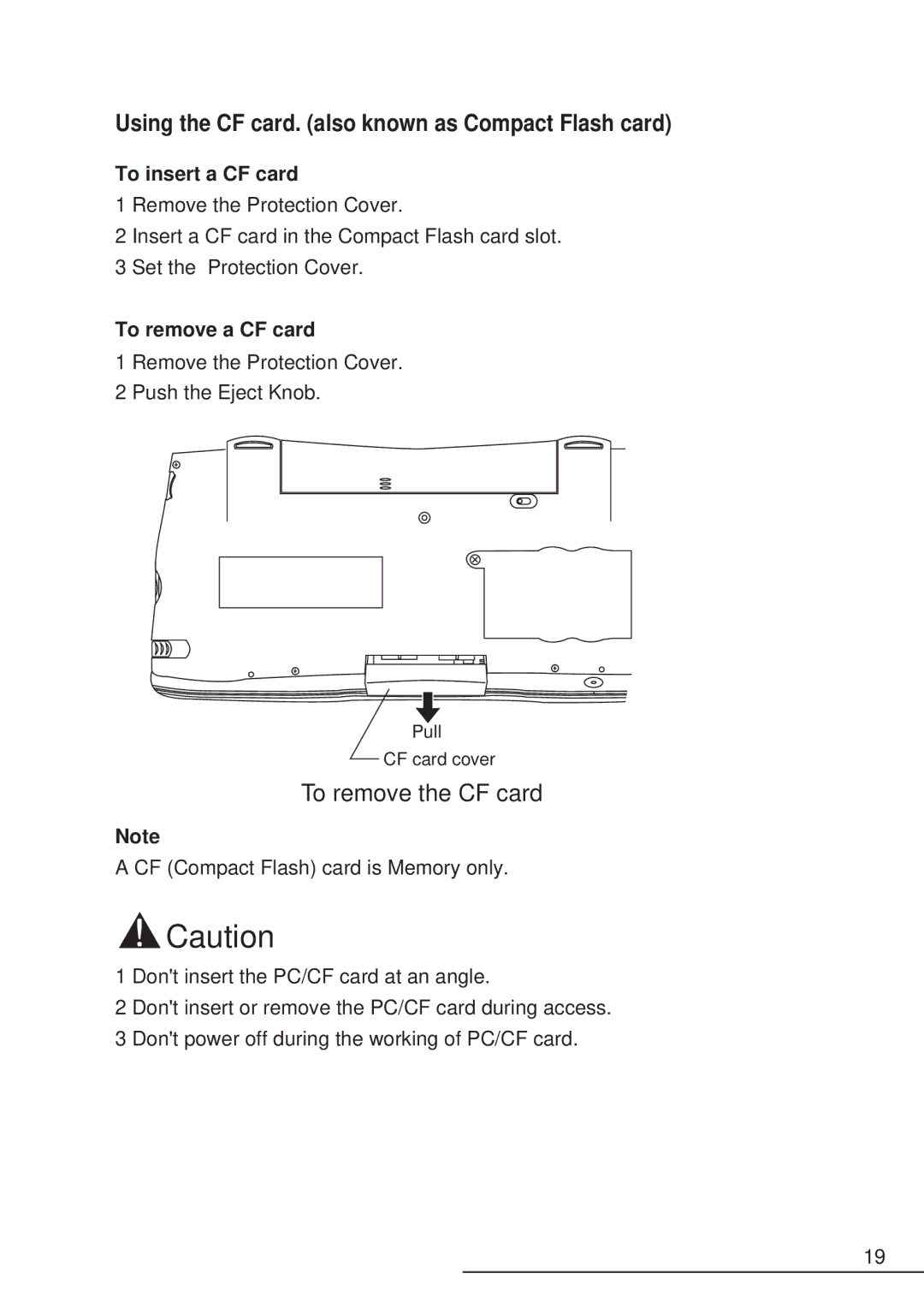 Hitachi HPW-200EC manual Using the CF card. also known as Compact Flash card, To insert a CF card, To remove a CF card 