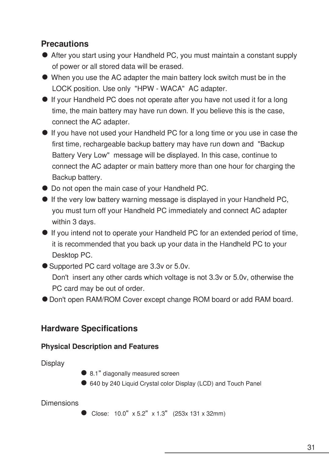 Hitachi HPW-200EC manual Precautions, Hardware Specifications, Physical Description and Features 