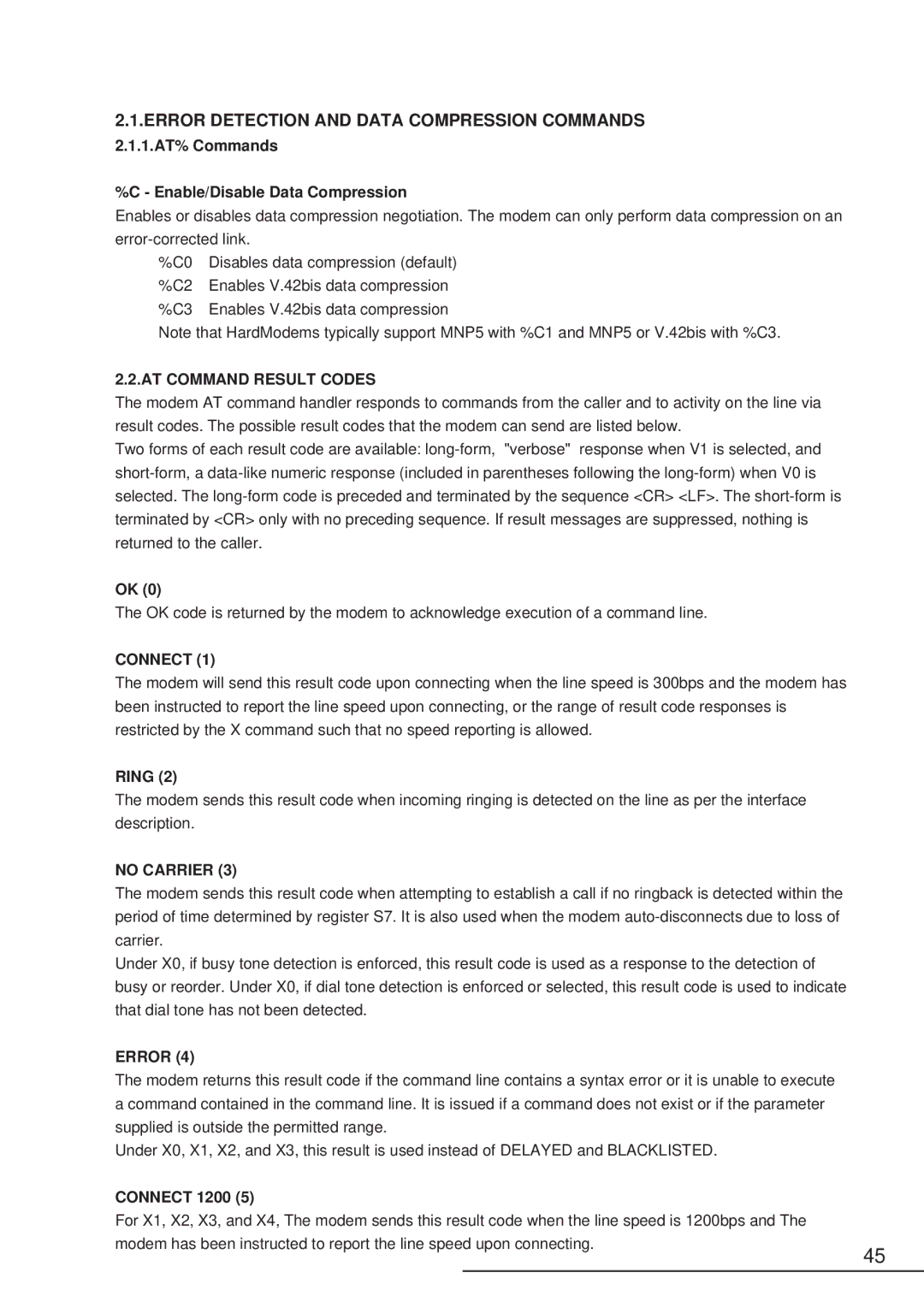 Hitachi HPW-200EC manual 1.AT% Commands Enable/Disable Data Compression, Ring, Connect 1200 