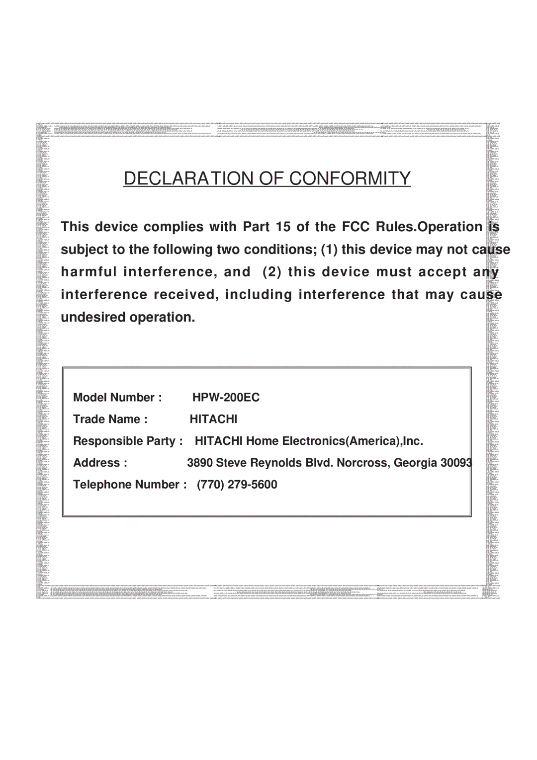 Hitachi HPW-200EC manual HDECLARATION of Conformity 