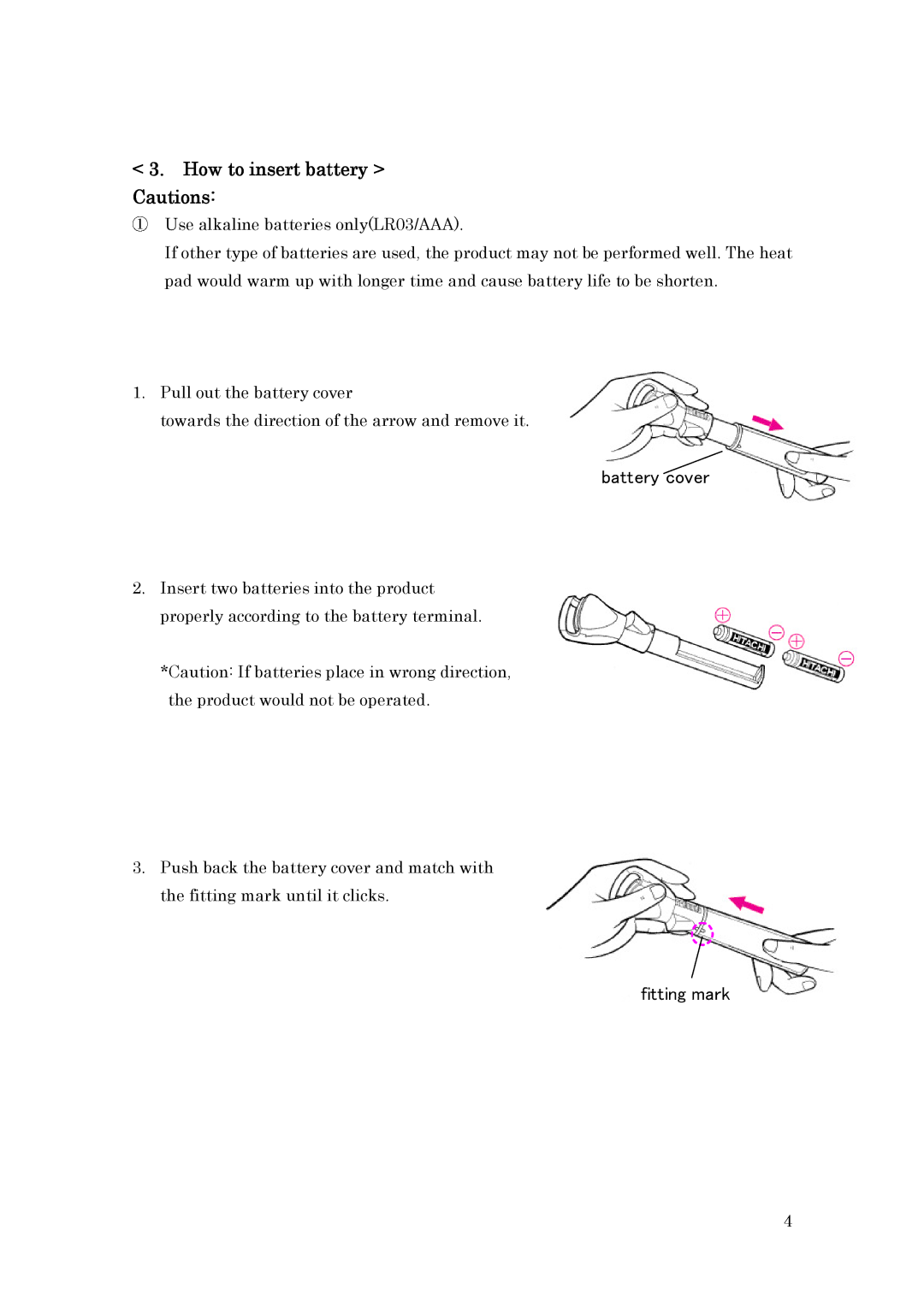 Hitachi HR-550 user manual How to insert battery Cautions, Use alkaline batteries onlyLR03/AAA 