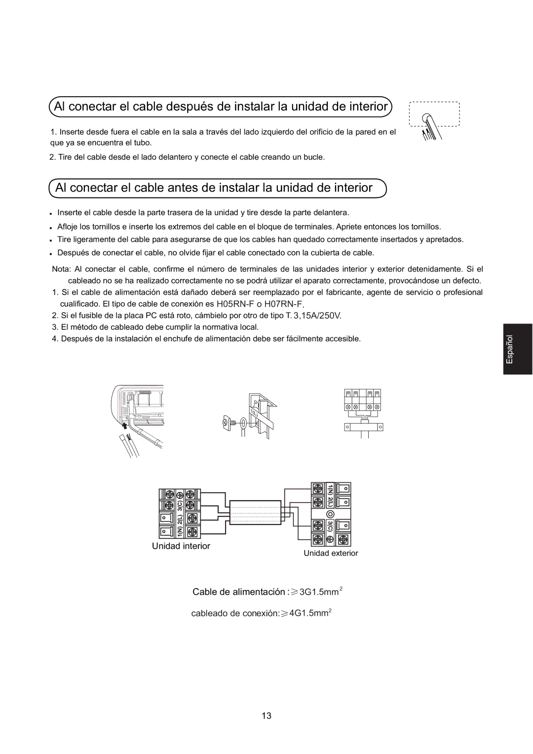 Hitachi HSU-09RD03/R2(SDB), HSU-12RD03/R2(SDB) installation manual Cable de alimentación 3G1.5mm2, Unidad interior 