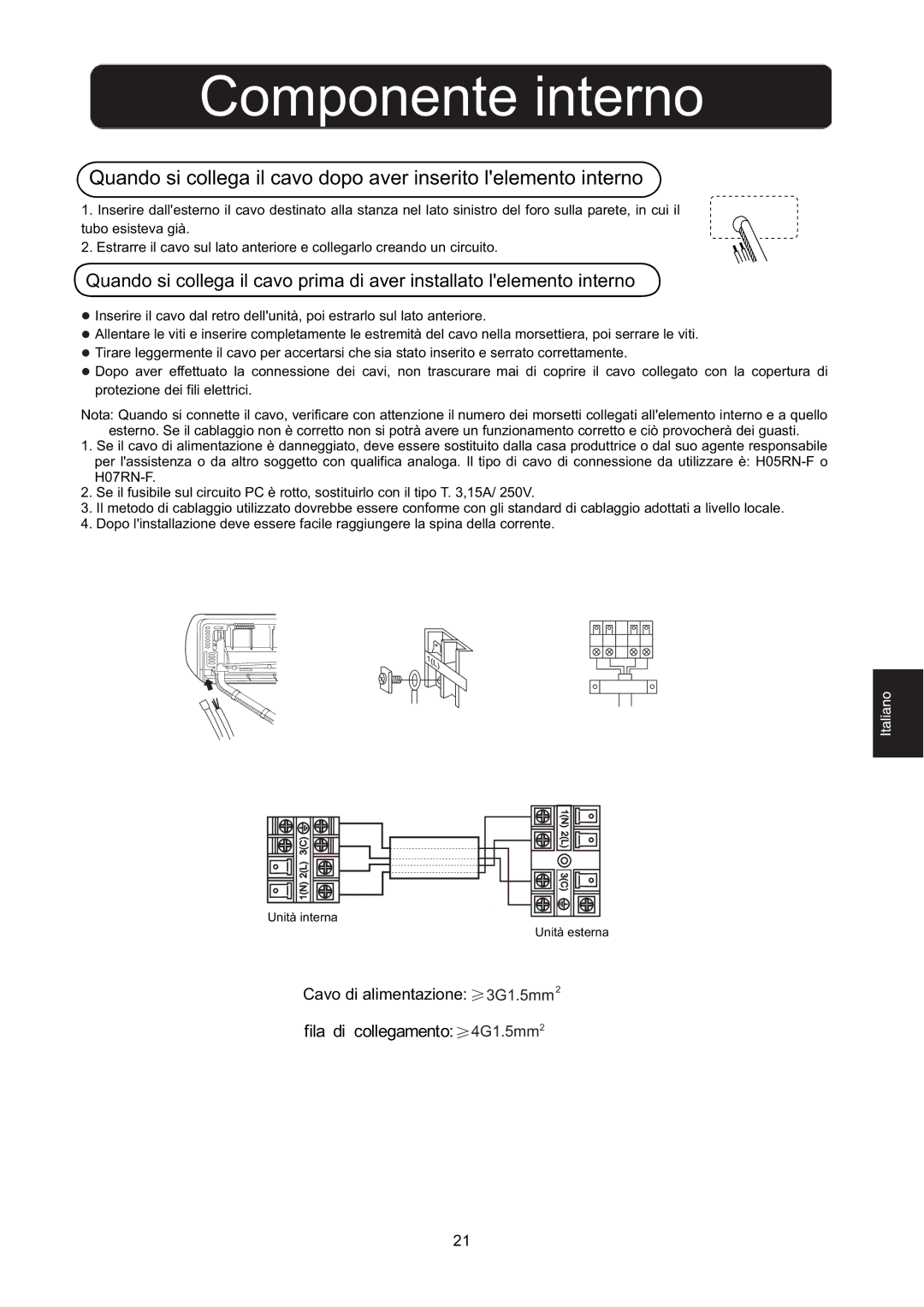 Hitachi HSU-09RD03/R2(SDB), HSU-12RD03/R2(SDB) installation manual Cavo di alimentazione 3G1.5mm2 