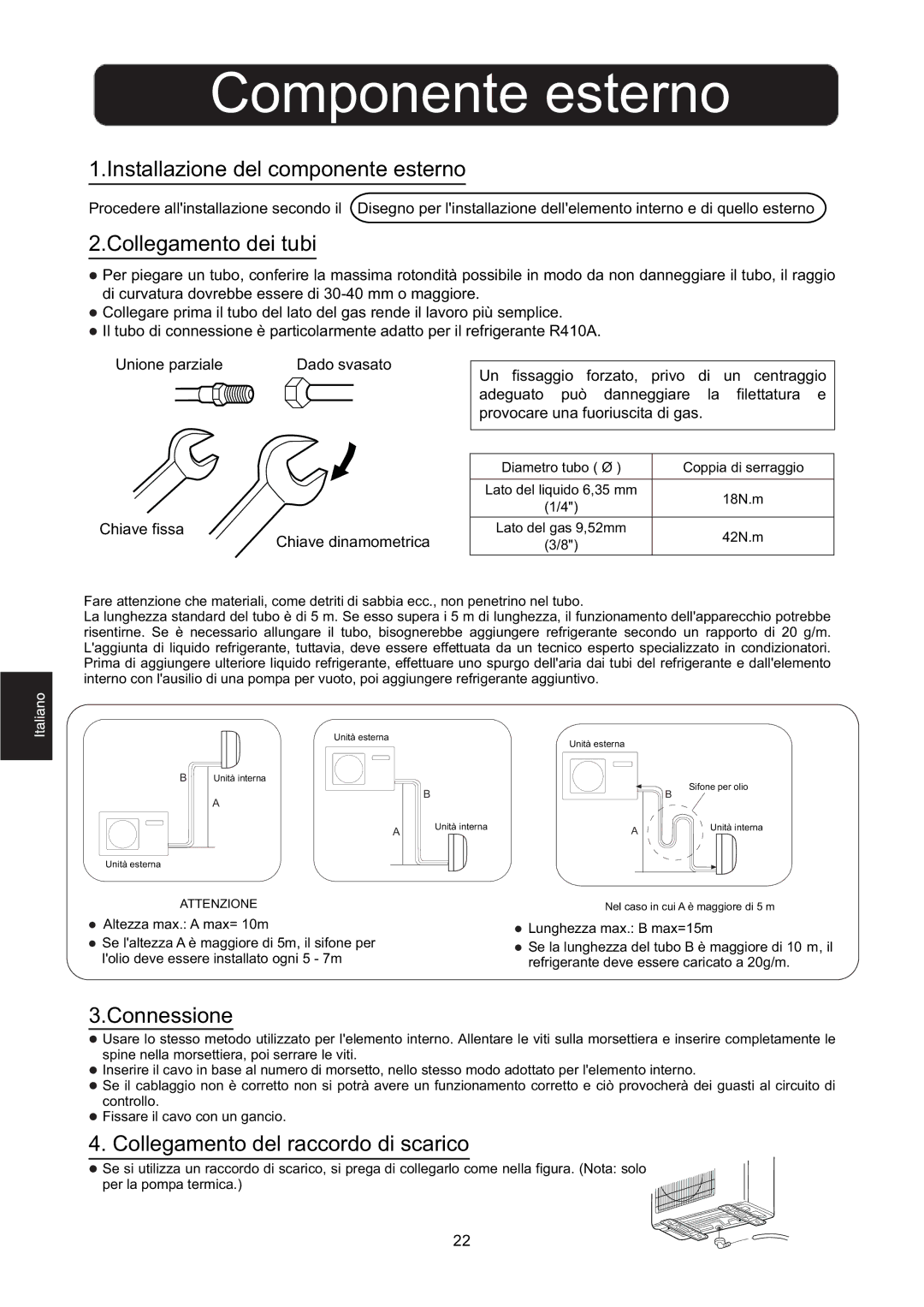 Hitachi HSU-12RD03/R2(SDB) Componente esterno, Installazione del componente esterno, Collegamento dei tubi, Connessione 