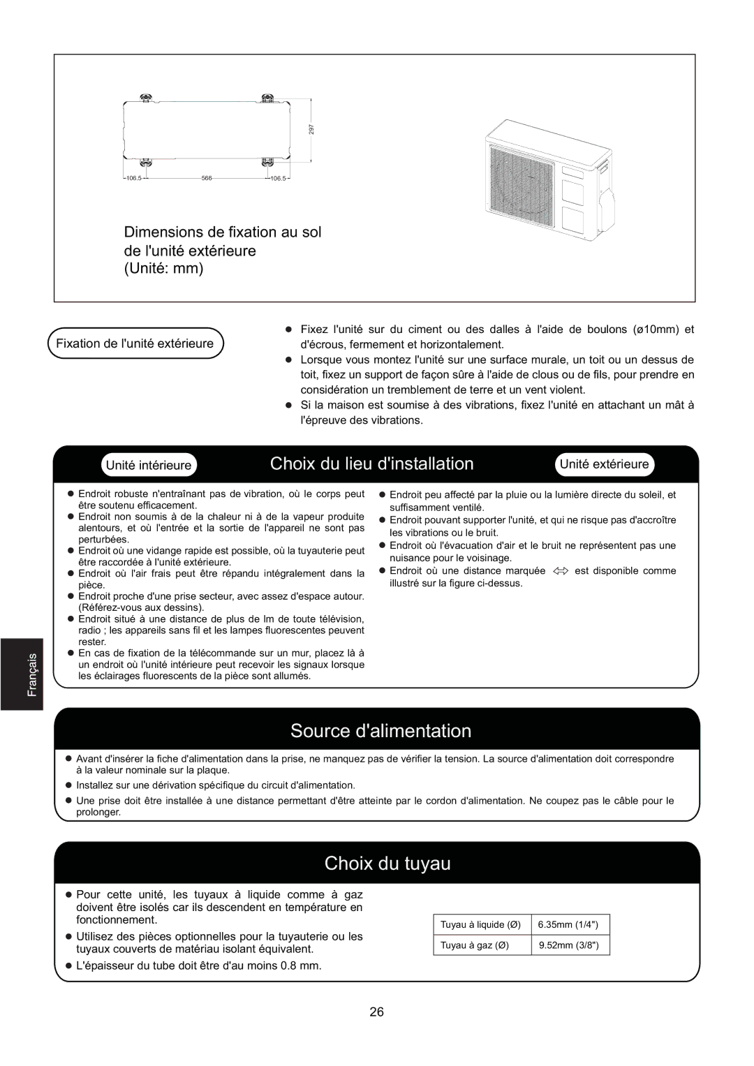 Hitachi HSU-12RD03/R2(SDB) Dimensions de fixation au sol de lunité extérieure Unité mm, Unité intérieure, Unité extérieure 