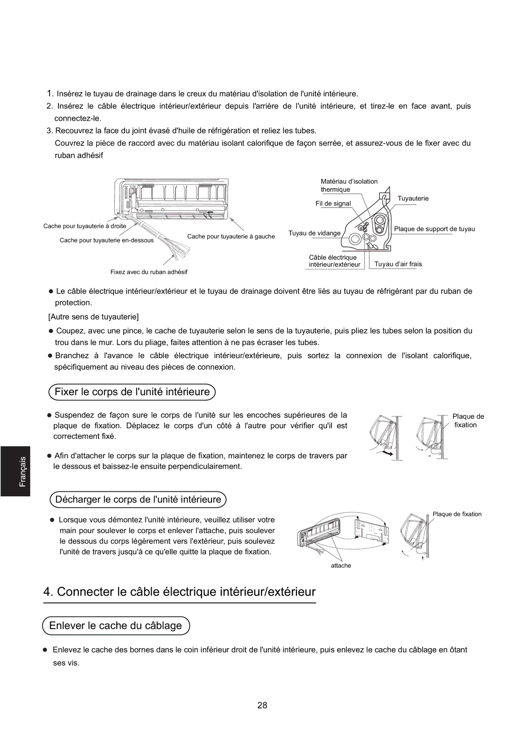 Hitachi HSU-12RD03/R2(SDB) Connecter le câble électrique intérieur/extérieur, Fixer le corps de lunité intérieure 