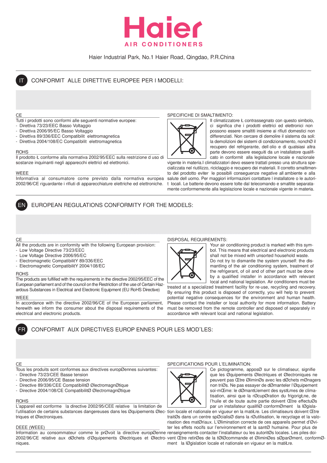 Hitachi HSU-09RD03/R2(SDB), HSU-12RD03/R2(SDB) installation manual IT Conformità Alle Direttive Europee PER I Modelli 