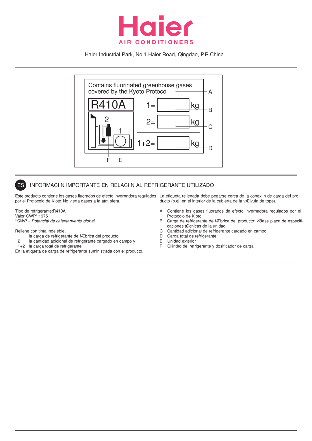 Hitachi HSU-12RD03/R2(SDB), HSU-09RD03/R2(SDB) installation manual GWP = Potencial de calentamiento global 