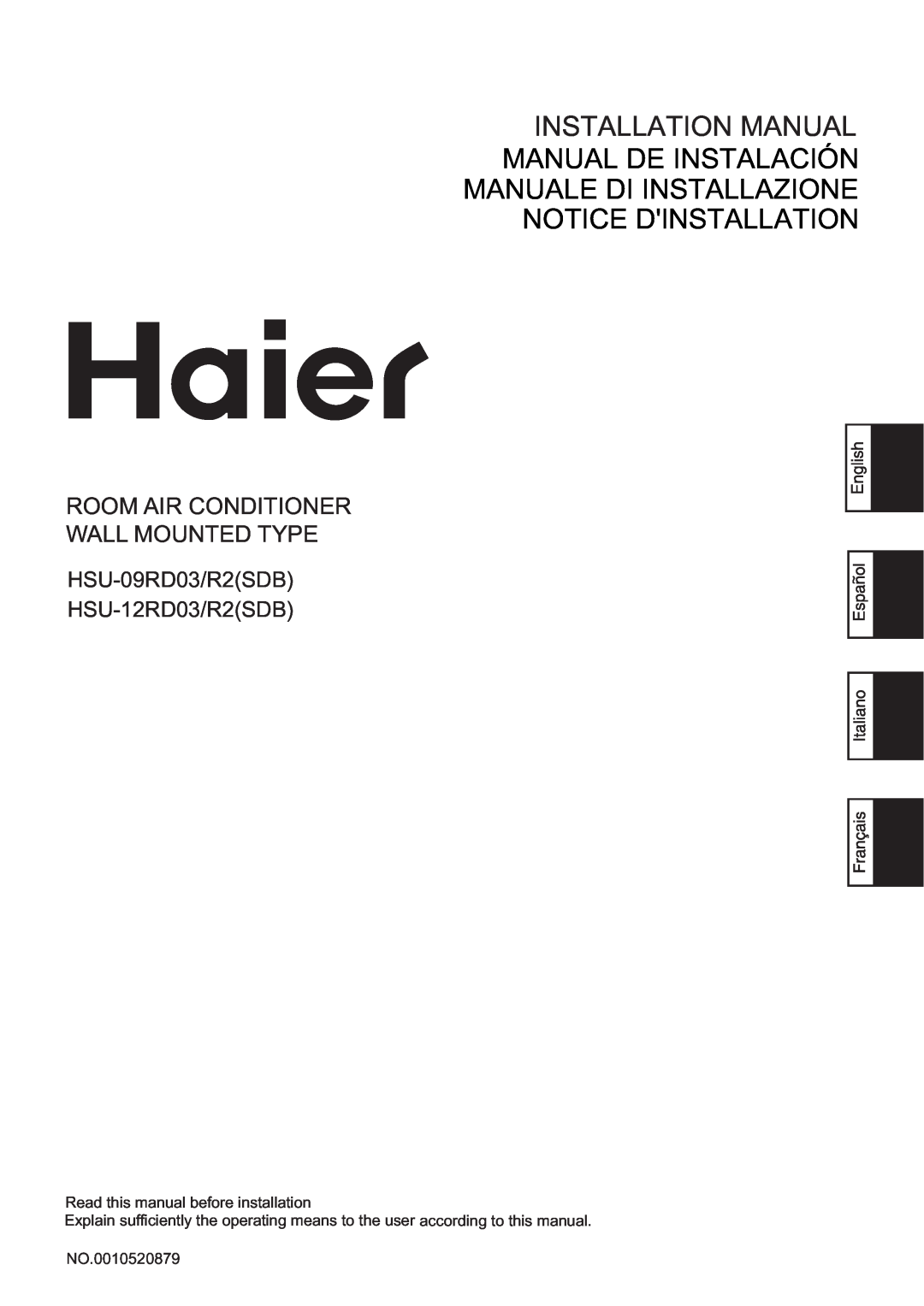 Hitachi HSU-09RD03/R2(SDB) installation manual Installation Manual, Manual De Instalación Manuale Di Installazione 