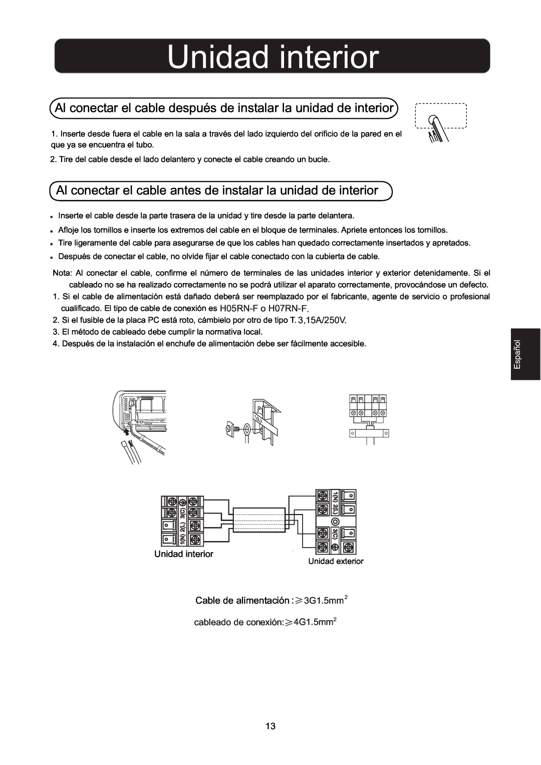 Hitachi HSU-09RD03/R2(SDB), HSU-12RD03/R2(SDB) installation manual Unidad interior, Cable de alimentación3G1.5mm2 