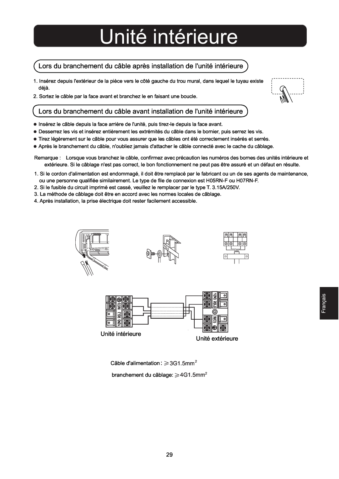 Hitachi HSU-09RD03/R2(SDB), HSU-12RD03/R2(SDB) Unité intérieure Unité extérieure, Câble dalimentation 3G1.5mm2 