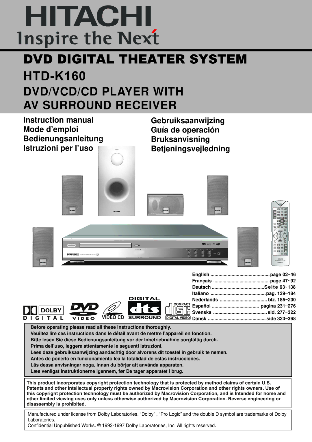 Hitachi HTD-K160 instruction manual DVD Digital Theater System 