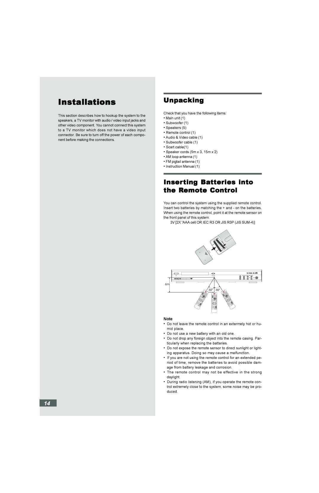 Hitachi HTD-K160 instruction manual Installations, Unpacking, Inserting Batteries into the Remote Control 