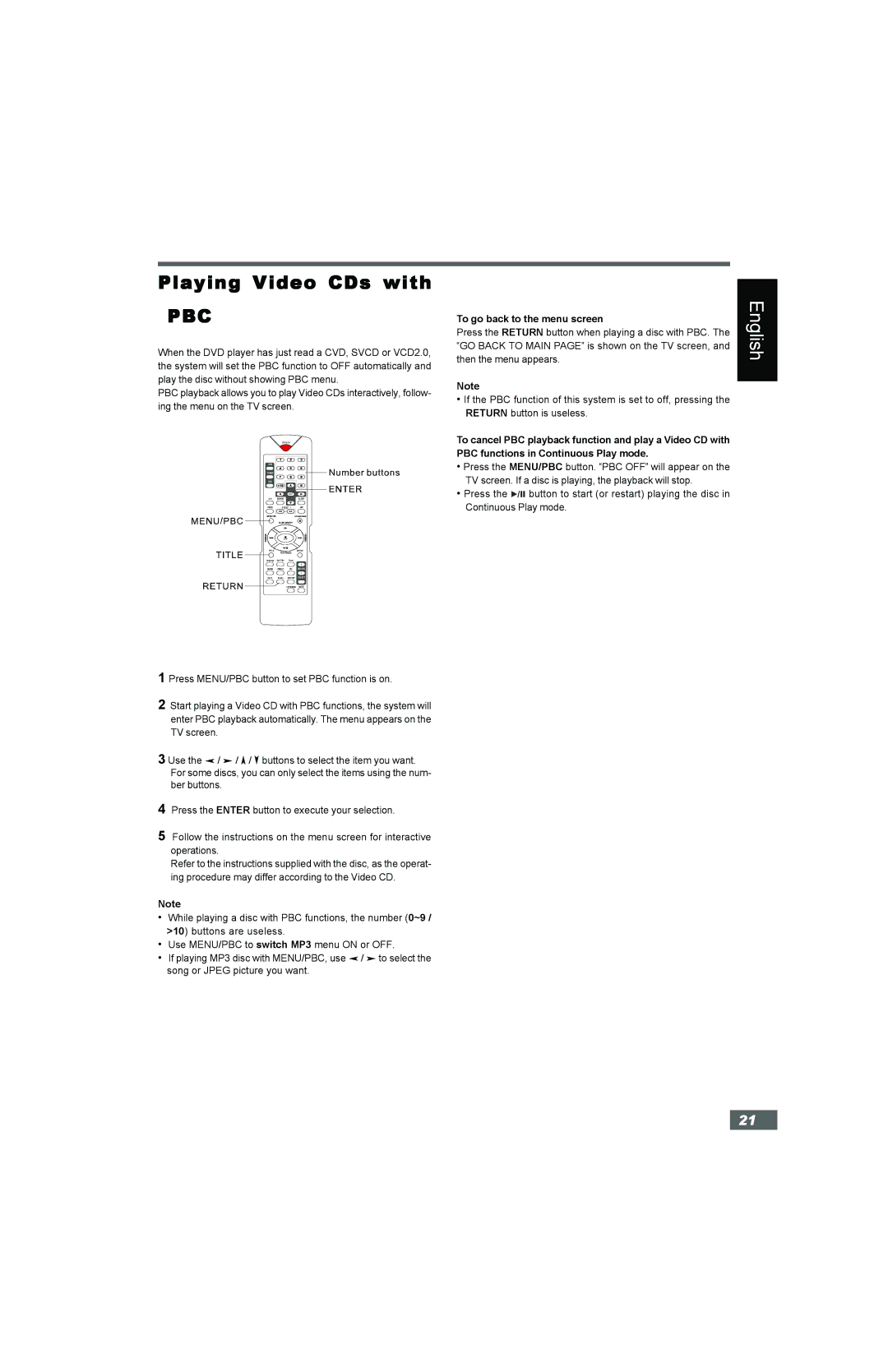 Hitachi HTD-K160 instruction manual Playing Video CDs with, Pbc, To go back to the menu screen 