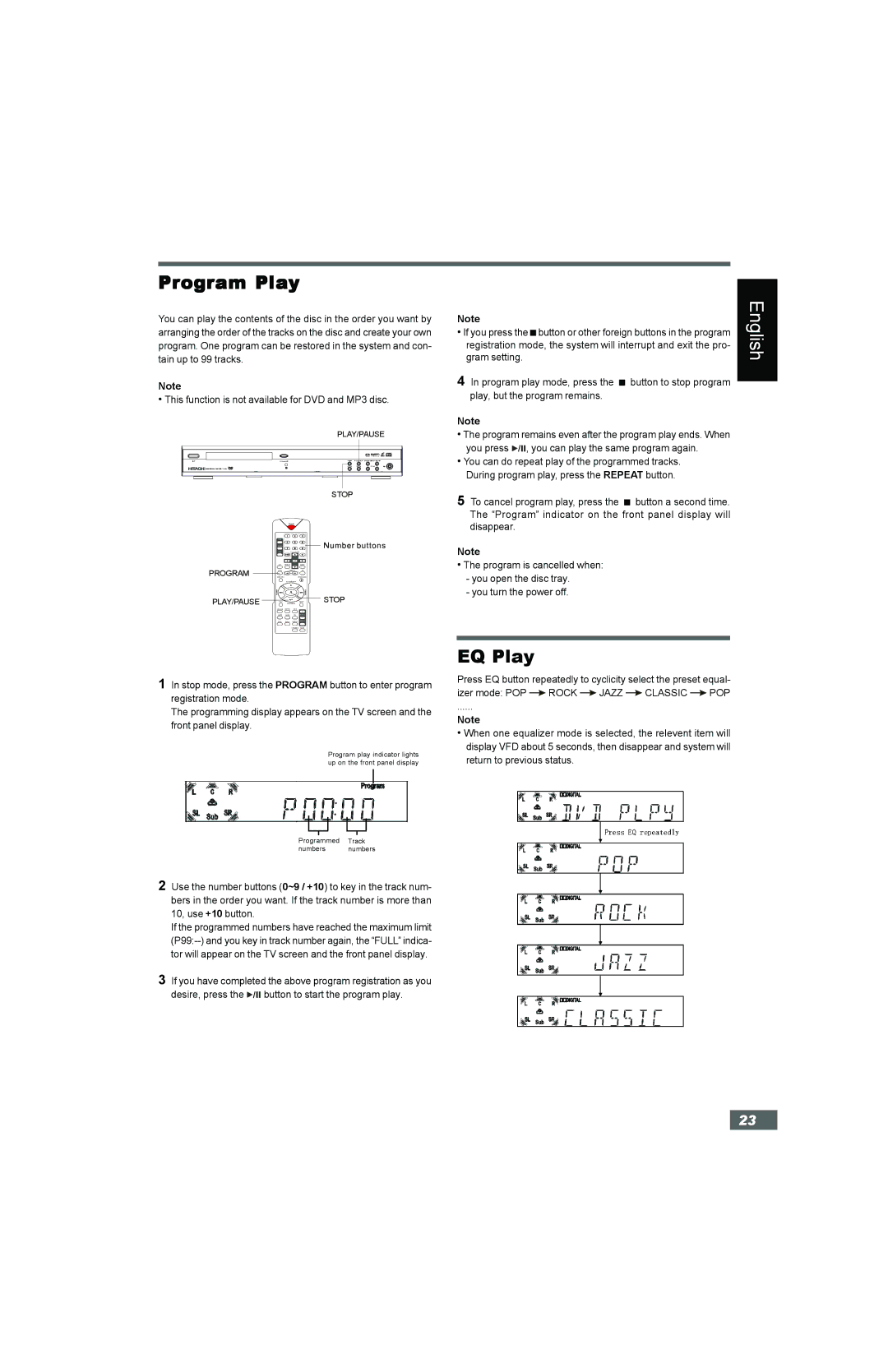 Hitachi HTD-K160 instruction manual Program Play, EQ Play, Rock Jazz Classic POP 