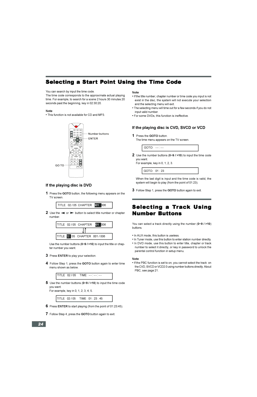 Hitachi HTD-K160 instruction manual Selecting a Start Point Using the Time Code, Selecting a Track Using Number Buttons 