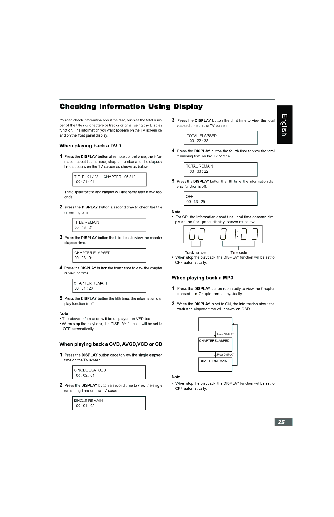 Hitachi HTD-K160 Checking Information Using Display, When playing back a DVD, When playing back a CVD, AVCD,VCD or CD, Off 