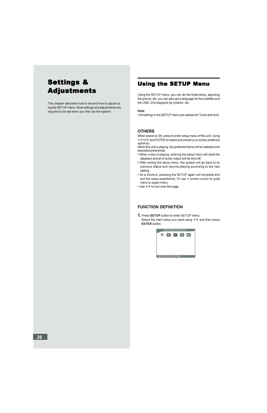 Hitachi HTD-K160 instruction manual Settings Adjustments, Using the Setup Menu 