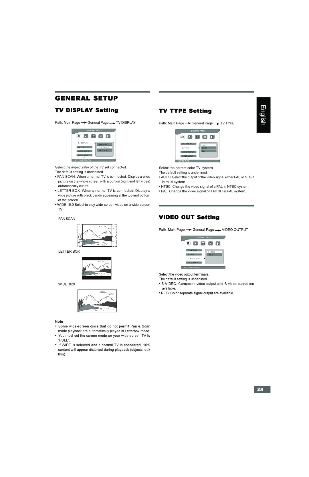 Hitachi HTD-K160 instruction manual General Setup, TV Display Setting TV Type Setting, Video OUT Setting 