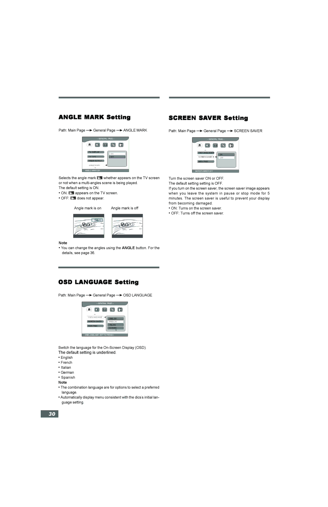 Hitachi HTD-K160 instruction manual Angle Mark Setting, Screen Saver Setting, OSD Language Setting 