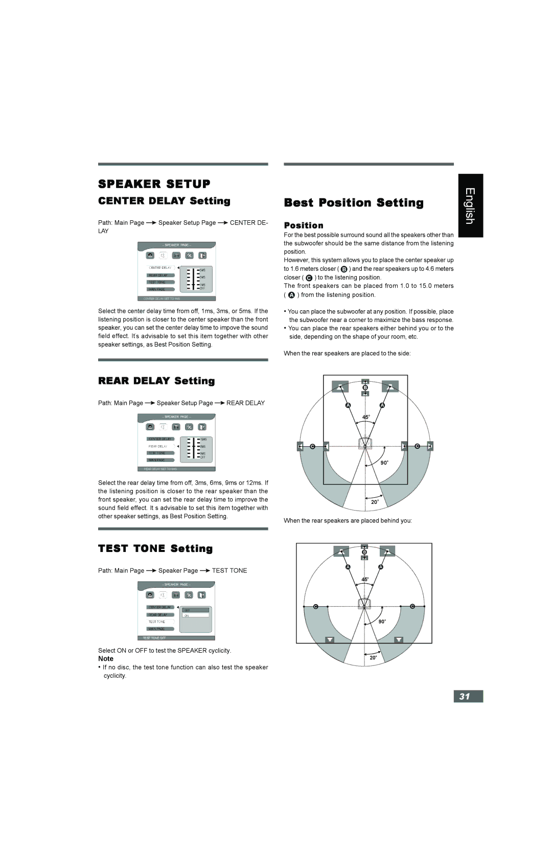 Hitachi HTD-K160 Speaker Setup, Best Position Setting, Center Delay Setting, Rear Delay Setting, Test Tone Setting 