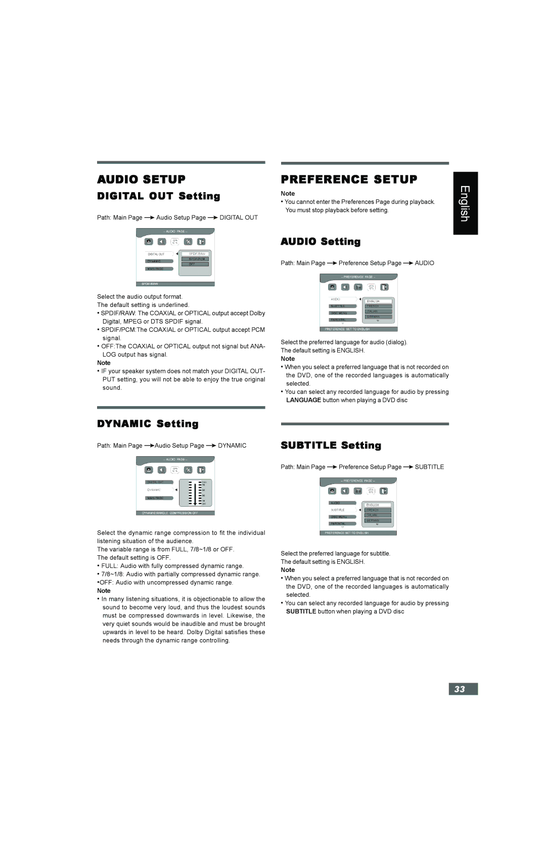 Hitachi HTD-K160 instruction manual Audio Setup, Preference Setup 