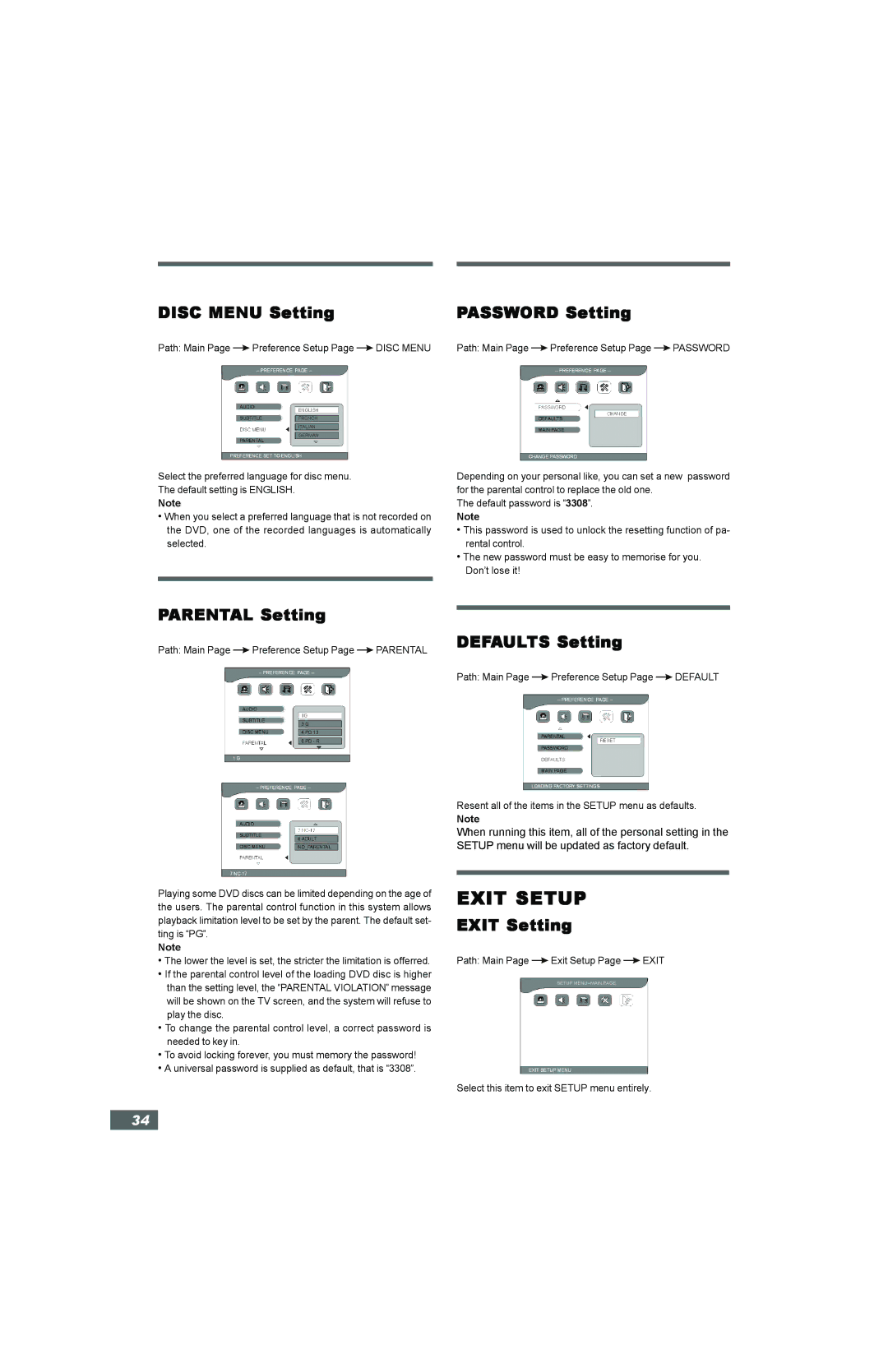 Hitachi HTD-K160 Exit Setup, Disc Menu Setting Password Setting, Parental Setting, Defaults Setting, Exit Setting 