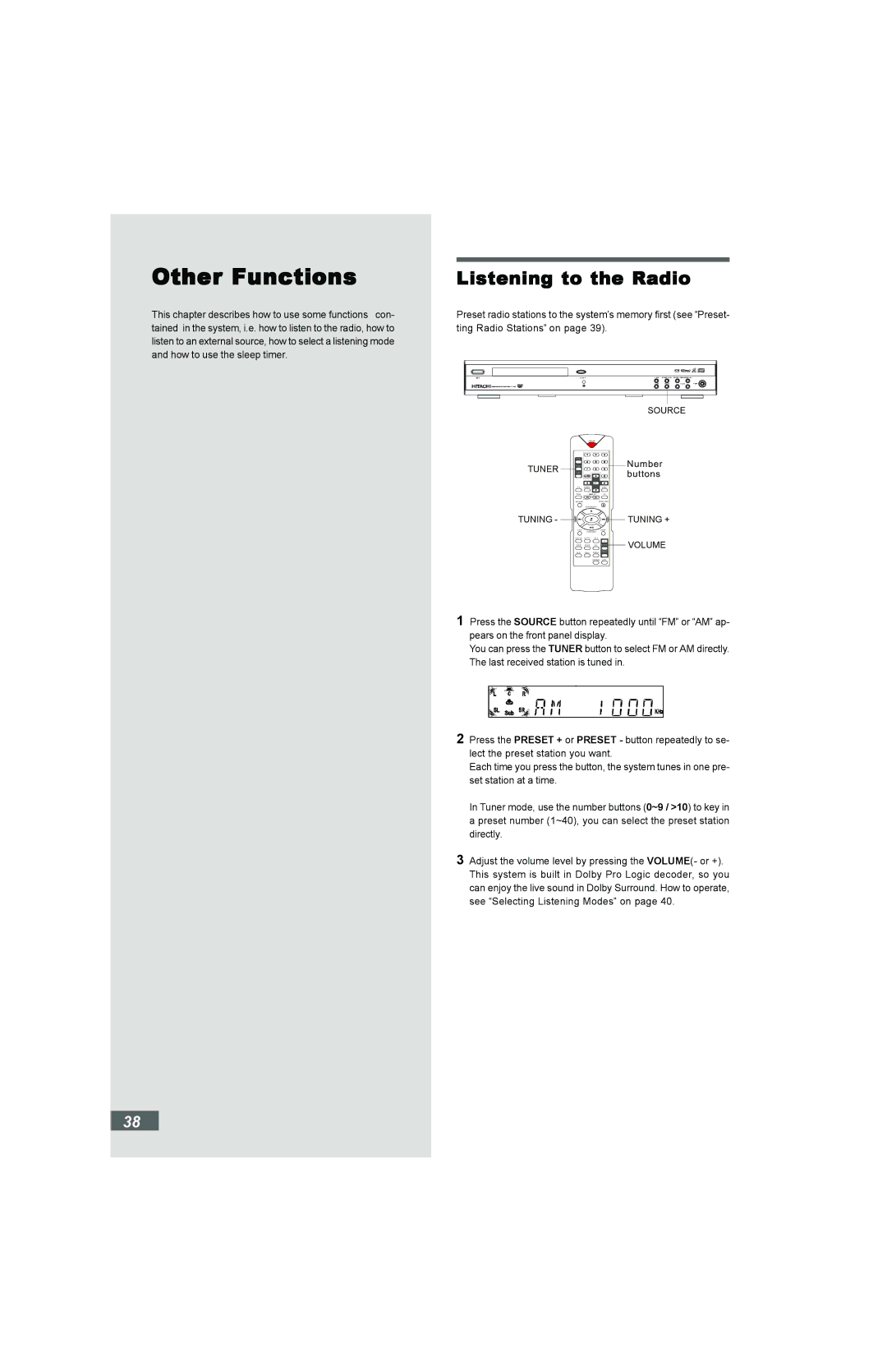 Hitachi HTD-K160 instruction manual Other Functions, Listening to the Radio 