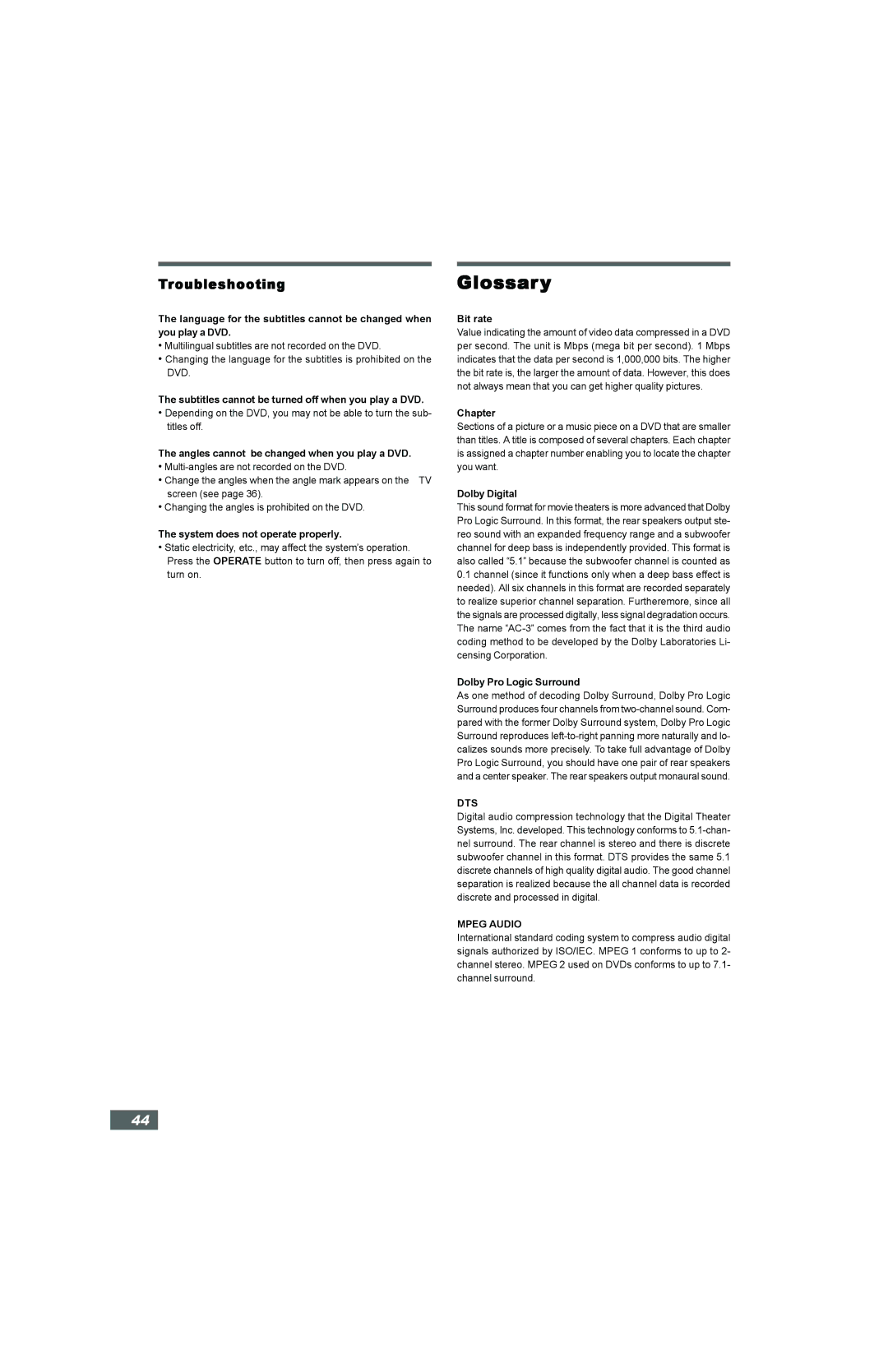 Hitachi HTD-K160 instruction manual Glossary, Dts, Mpeg Audio 