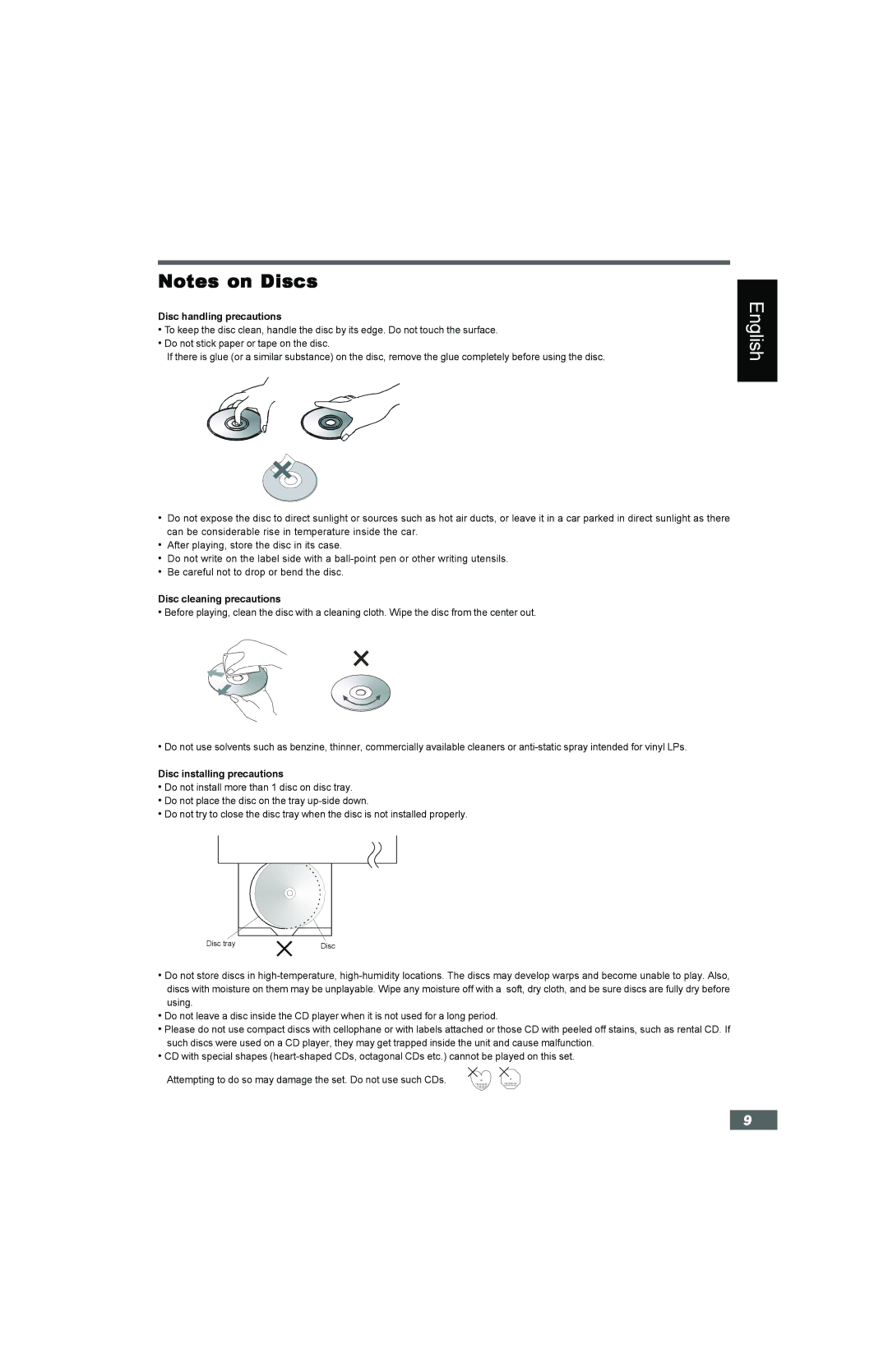 Hitachi HTD-K160 instruction manual Disc handling precautions, Disc cleaning precautions, Disc installing precautions 