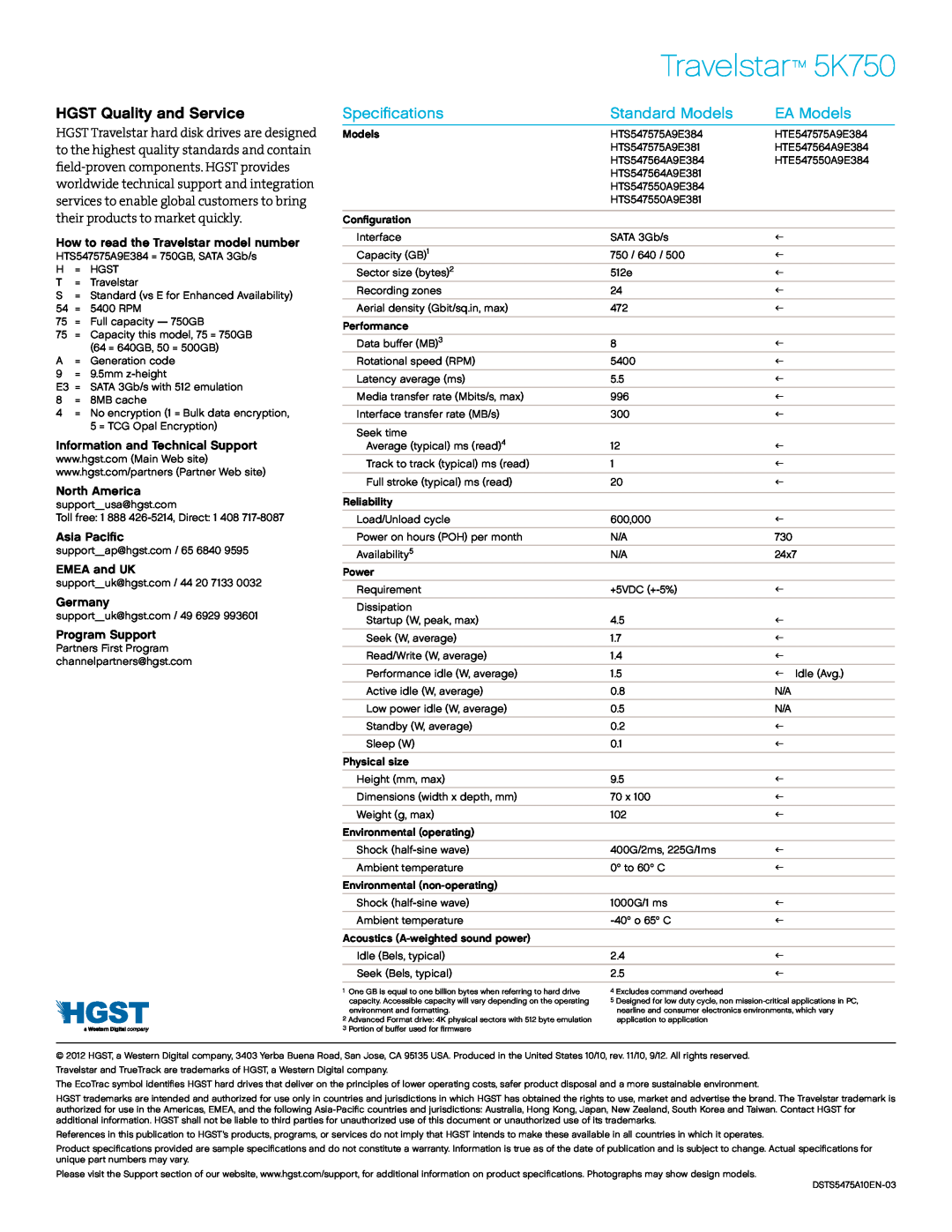 Hitachi HTS543232L9SA00 manual HGST Quality and Service, Specifications, Standard Models, EA Models, Travelstar 5K750 