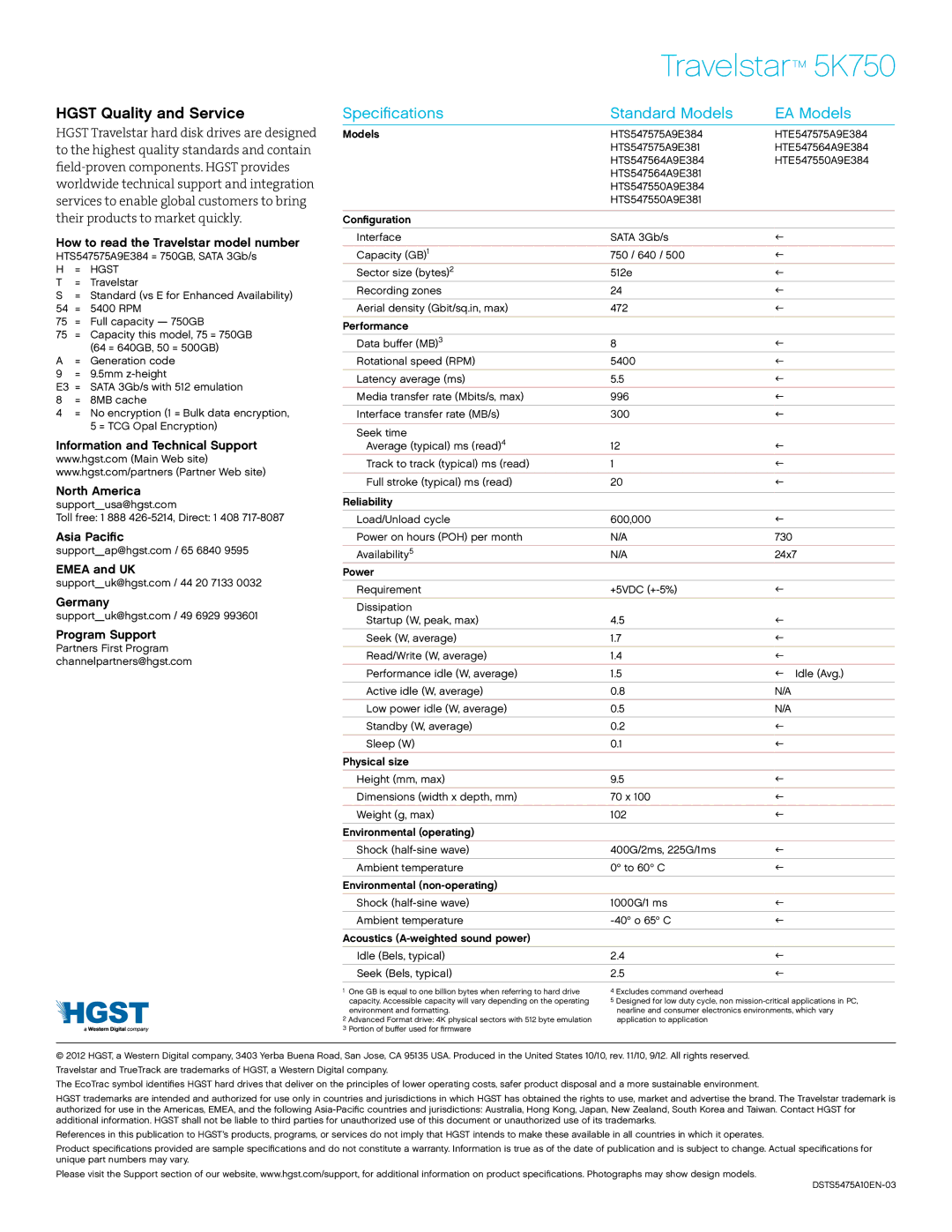 Hitachi HTS543232L9SA00, HTE547550A9E384 manual Hgst Quality and Service, Specifications Standard Models EA Models 