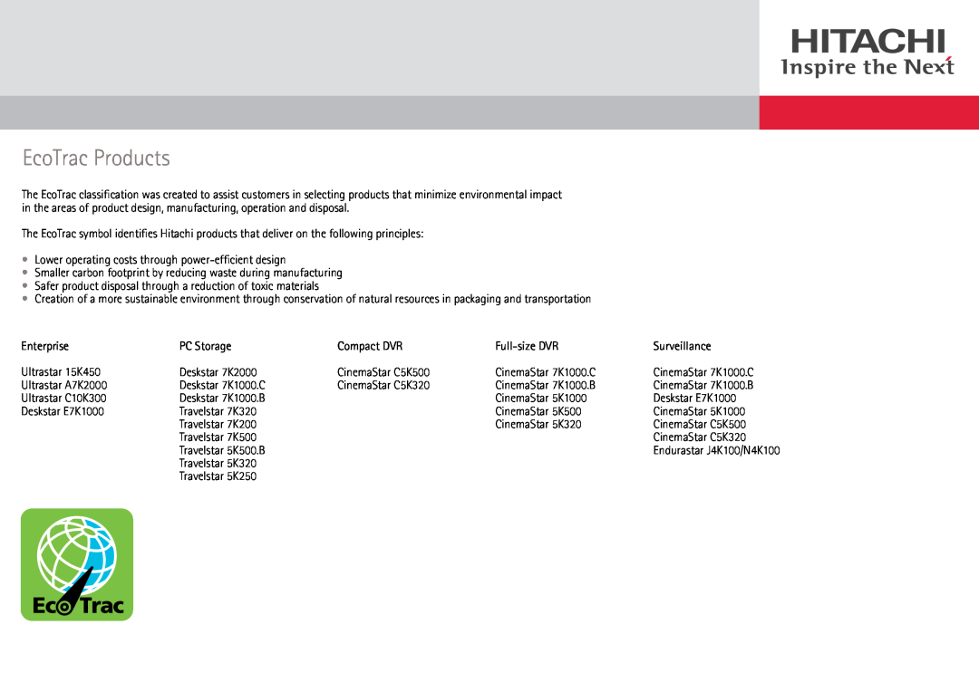 Hitachi HTS541080G9SA00, 7K2000, 0A39289 manual EcoTrac Products 