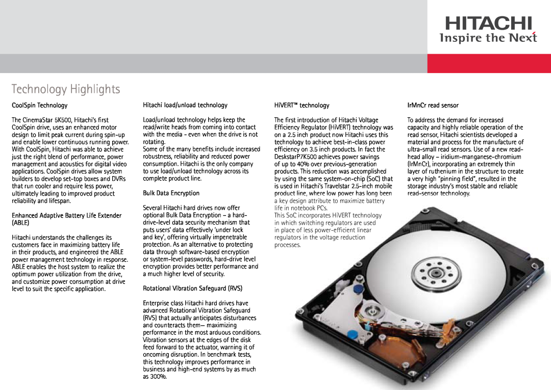 Hitachi 7K2000 Technology Highlights, CoolSpin Technology, Enhanced Adaptive Battery Life Extender ABLE, HiVERT technology 