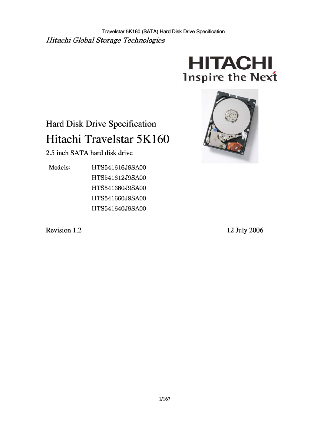 Hitachi HTS541680J9SA00 manual Hitachi Travelstar 5K160, Hard Disk Drive Specification, inch SATA hard disk drive, July 