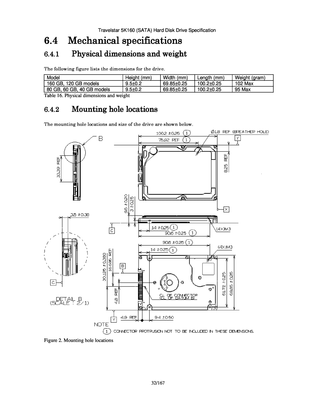 Hitachi HTS541616J9SA00 manual Mechanical specifications, Physical dimensions and weight, Mounting hole locations 