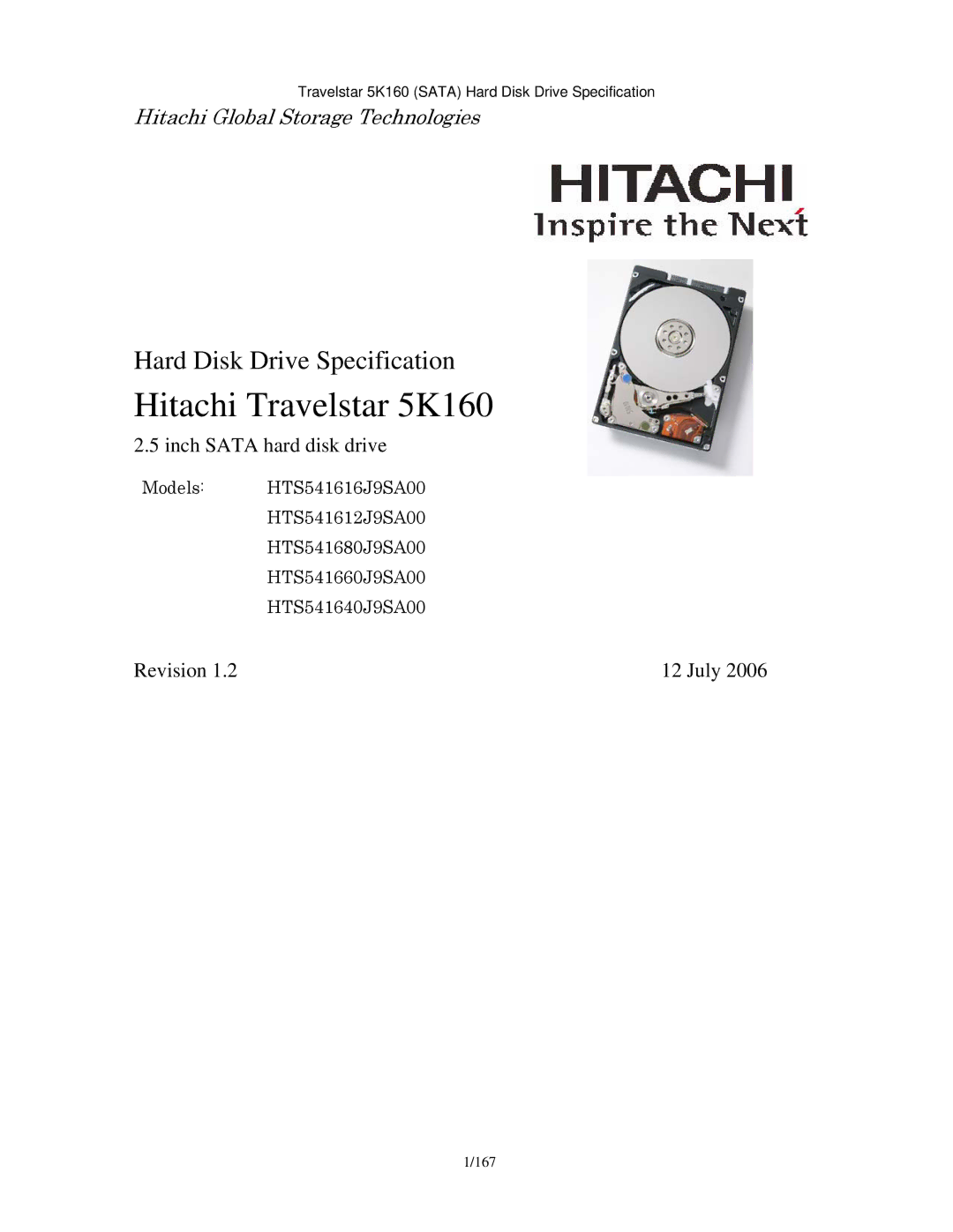 Hitachi HTS541680J9SA00, HTS541640J9SA00, HTS541616J9SA00, HTS541660J9SA00 manual Hitachi Travelstar 5K160, 167 