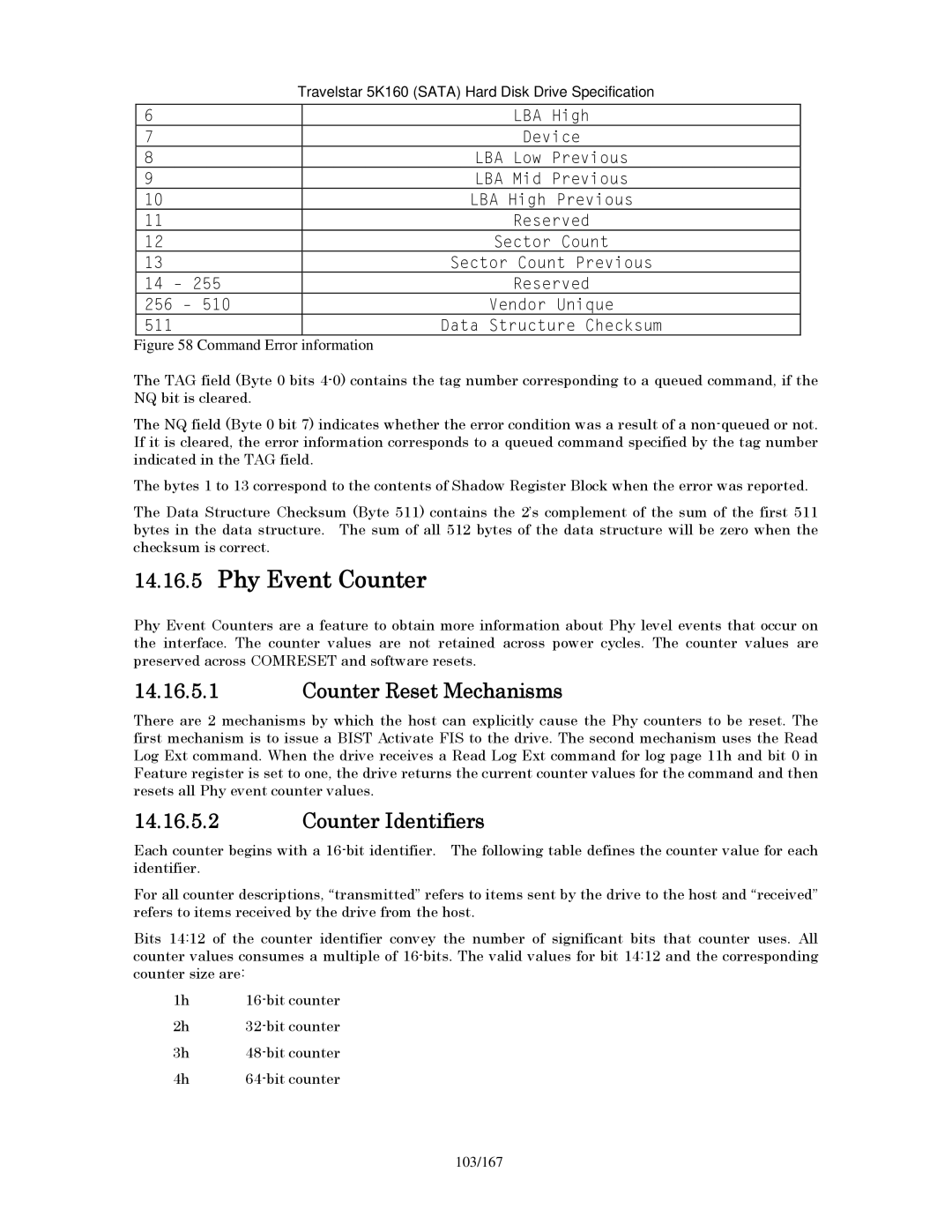 Hitachi HTS541660J9SA00, HTS541640J9SA00 manual Phy Event Counter, Counter Reset Mechanisms, Counter Identifiers, 103/167 