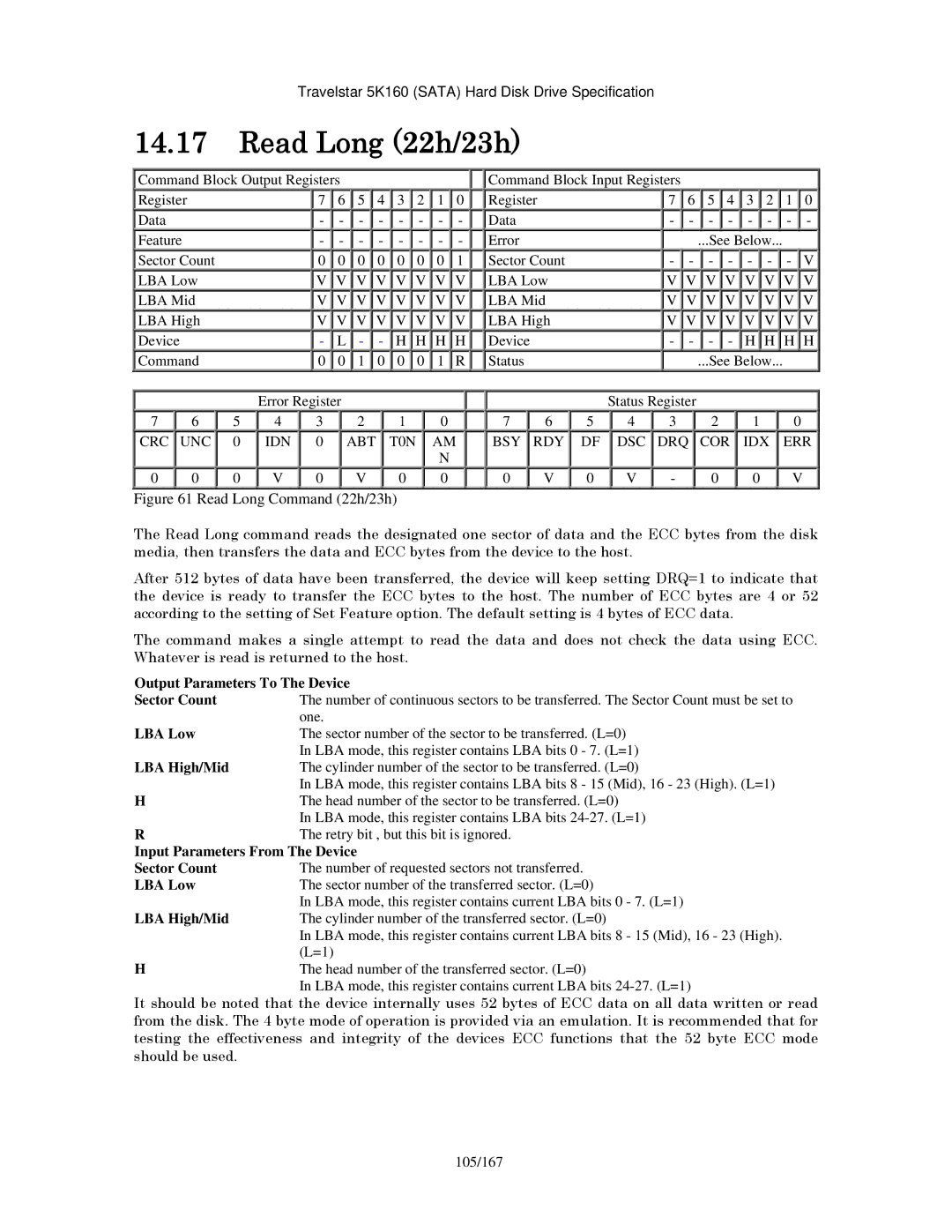 Hitachi HTS541640J9SA00, HTS541680J9SA00, HTS541616J9SA00, HTS541660J9SA00, HTS541612J9SA00 manual Read Long 22h/23h 